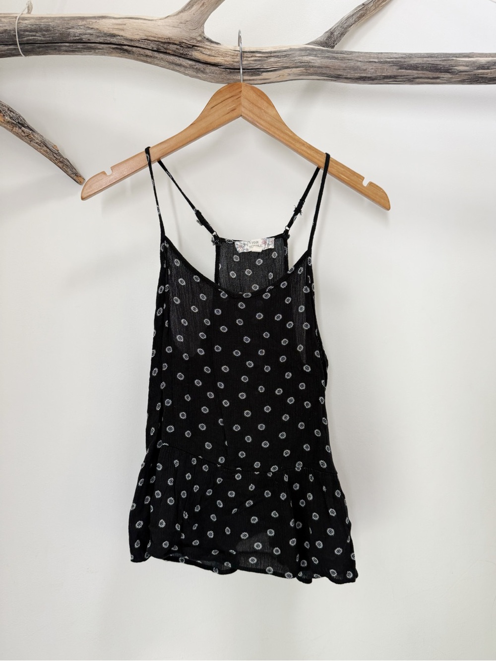 Pink Republic | Airy Gauze Black Swing Tank Top Racer Back Boho Daisies Medium
